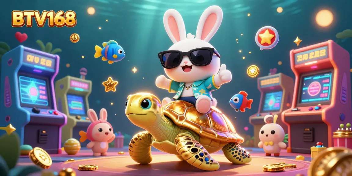 Get ready to win with BTV168: a lively scene featuring a lucky rabbit and golden turtle in a vibrant casino setting.