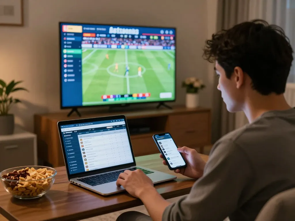 Kết quả bóng đá updates shown on laptop while a sports betting enthusiast engages in live betting from home.