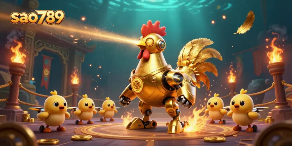 Engage in thrilling play at sao789 with a retro-futuristic golden rooster robot showcasing high-energy gold-themed casino scenes.