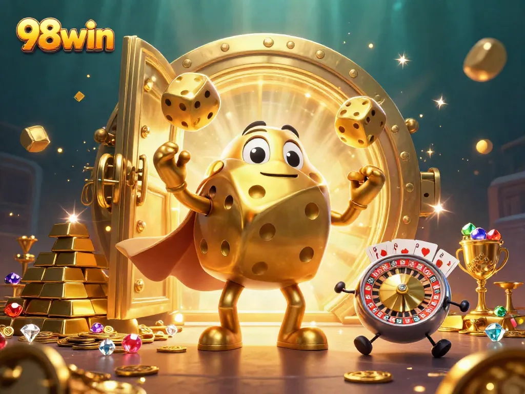 Experience the excitement of 98win with dazzling golden elements and animated characters in a casino setting.