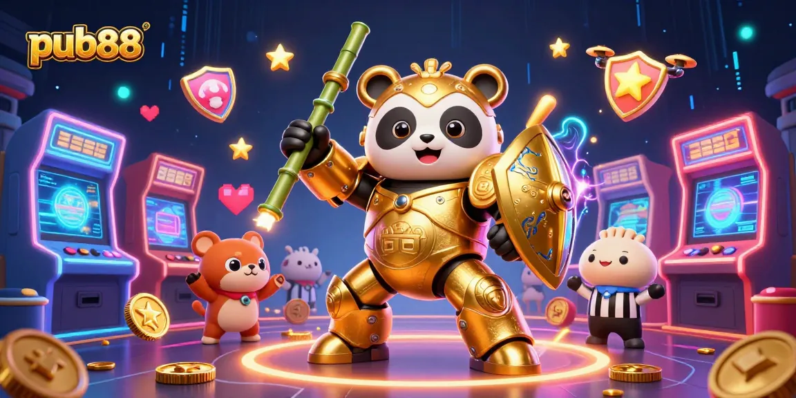 Experience thrilling gameplay at pub88 with a mech-suit panda and dynamic casino elements in a vibrant arena.