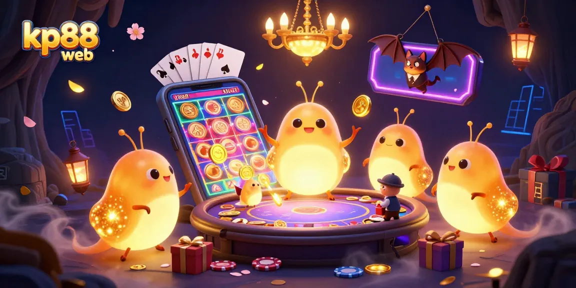 Engage in the gaming excitement of kp88 web with glowing characters and vibrant casino elements.