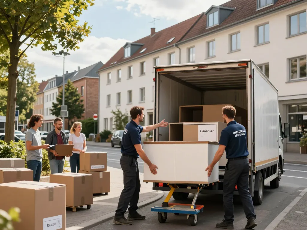 Professionelle Umzugshelfer von Umzugsunternehmen Hannover laden Möbel in einen Lkw, was Teamarbeit und Organisation zeigt.