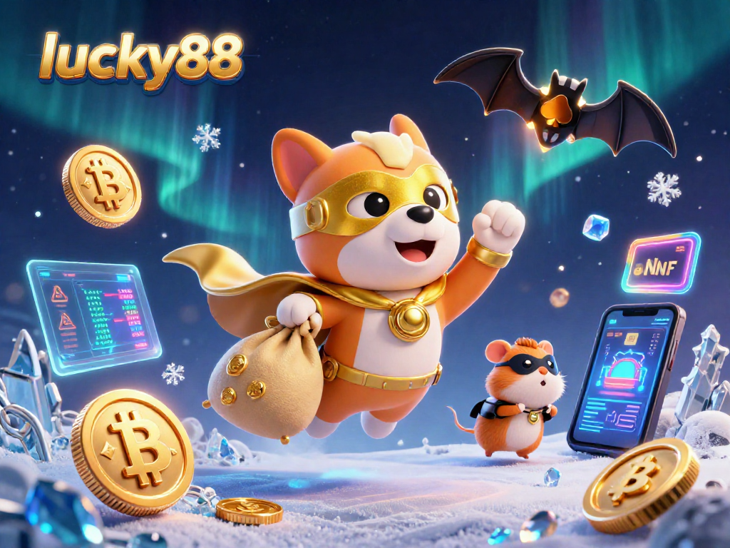 lucky88 brings excitement as a superhero dog offers gold coins amidst vibrant casino symbols.