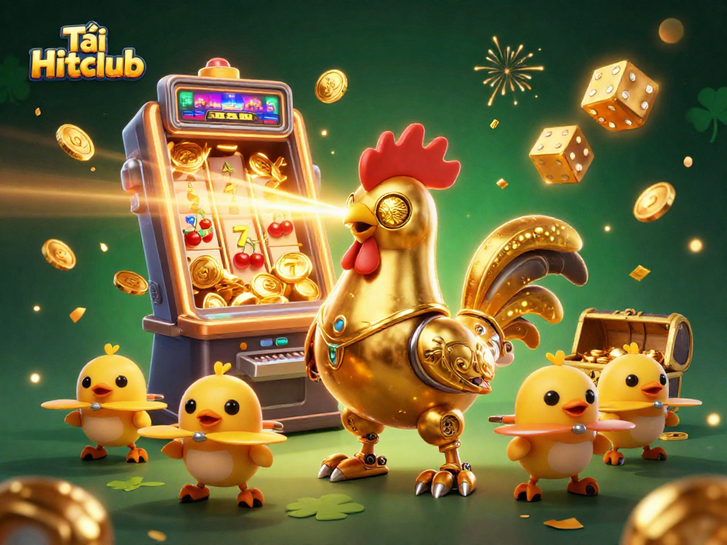 Experience Tải Hitclub with the thrilling golden rooster robot and baby chick drones amidst a vibrant casino scene.