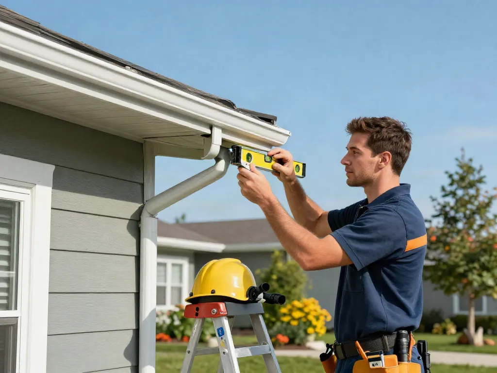 Professional technician installing Spokane gutter systems on a suburban home.