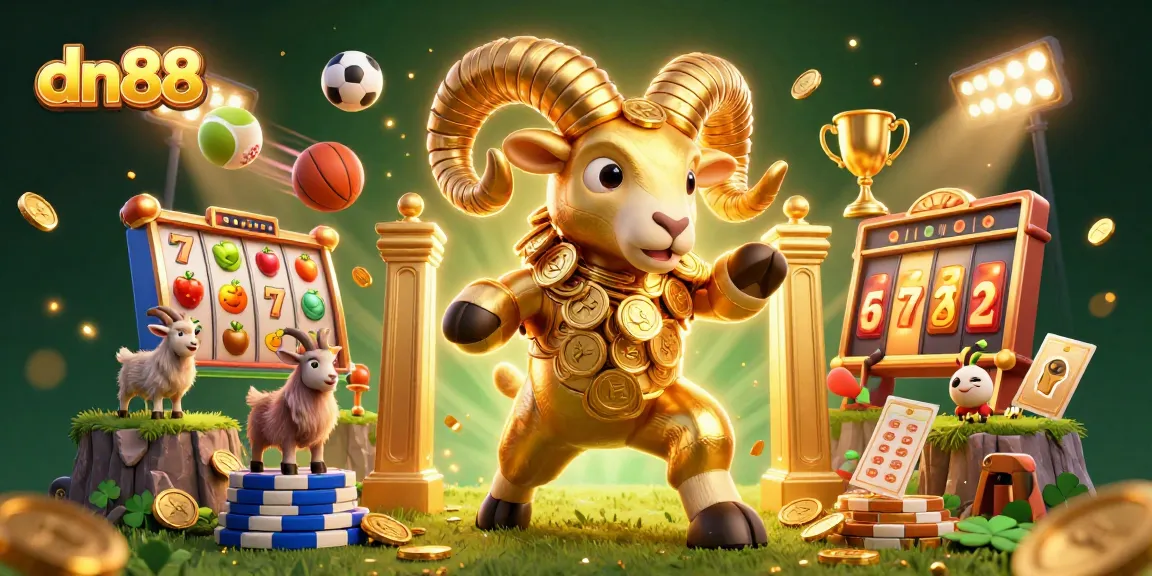 Experience big wins with dn88, a vibrant 3D illustration showcasing dynamic slots and golden ram symbols.