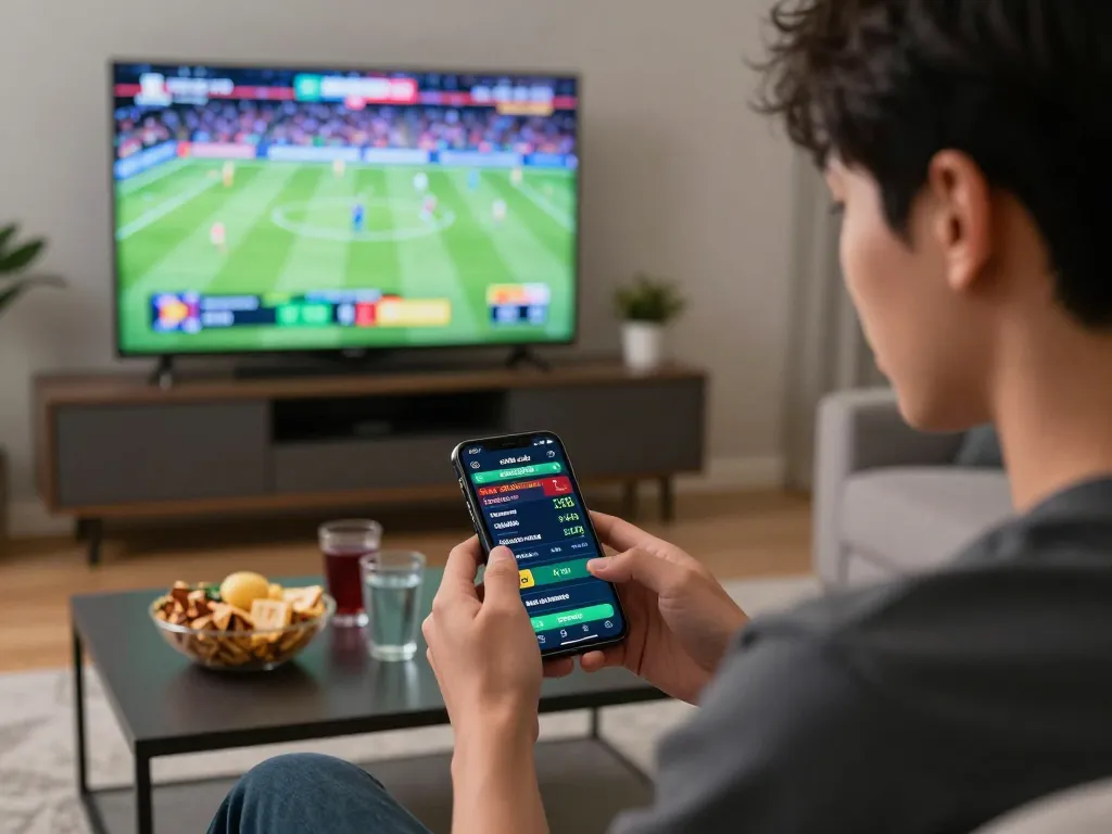 Bet on co88 xổ số while enjoying a live sports event with a smartphone in a cozy living room.