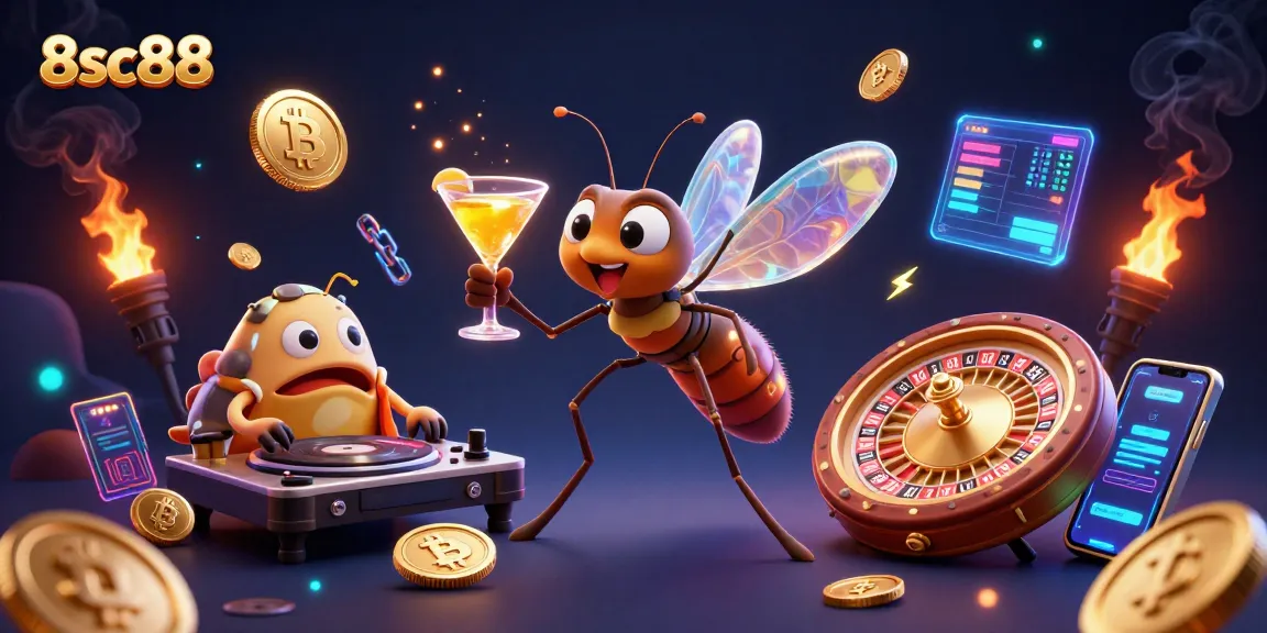 8sc88's lively casino scene features a frozen mosquito mascot and trilobite DJ engaging players in vibrant action.