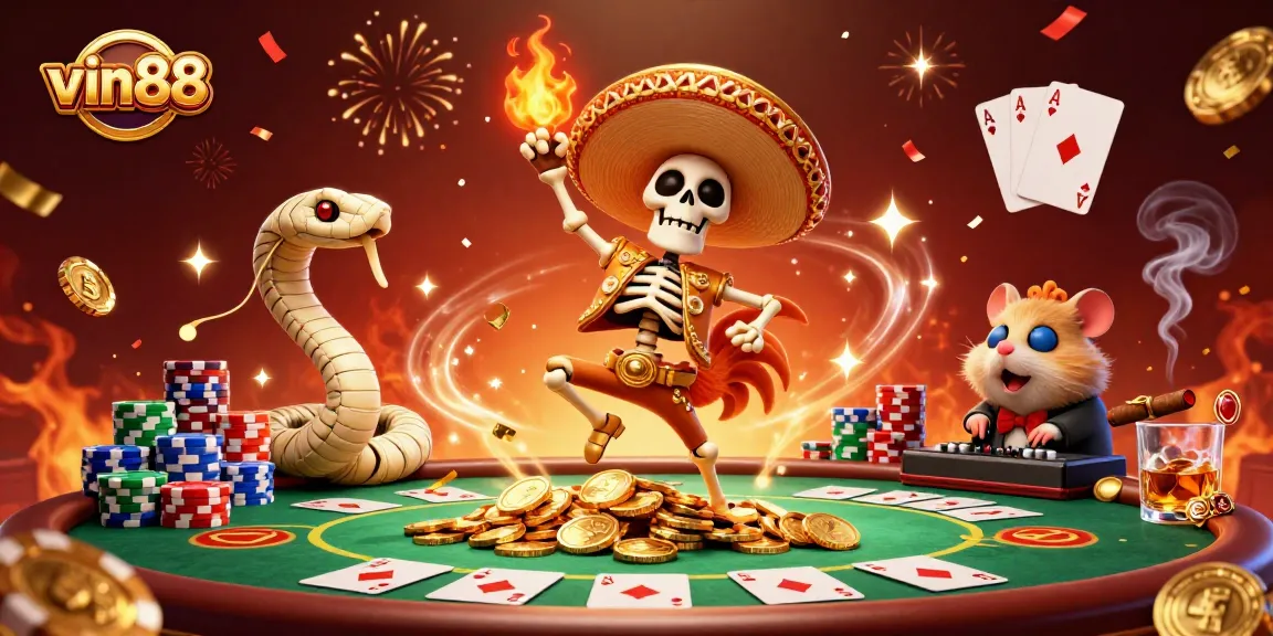 Celebrate your wins at vin88 with an energetic gaming scene featuring dancing characters and poker elements.