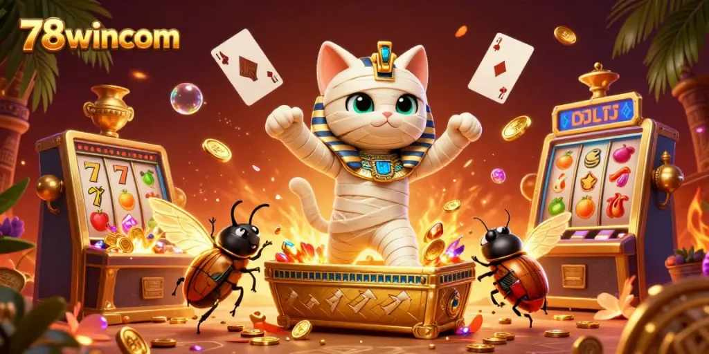 Experience the excitement of 78wincom with a unique mummy cat character bursting from a casino sarcophagus amidst vibrant gambling elements.