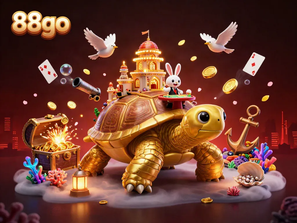 Play at 88go with vibrant casino-themed underwater scene featuring a golden tortoise and a rabbit dealer.
