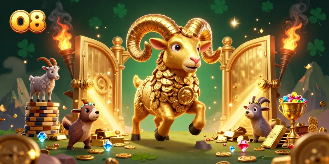 Experience the thrill of O8 as a golden ram charges through a vault of treasures, symbolizing excitement in online gambling.