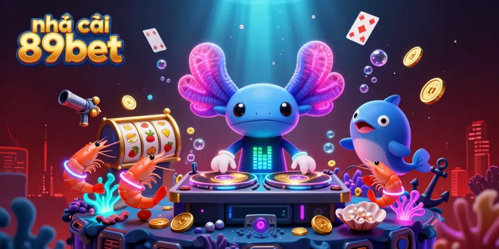 Experience the vibrant underwater ambiance of nhà cái 89bet with a lively axolotl DJ spinning at a neon casino scene.