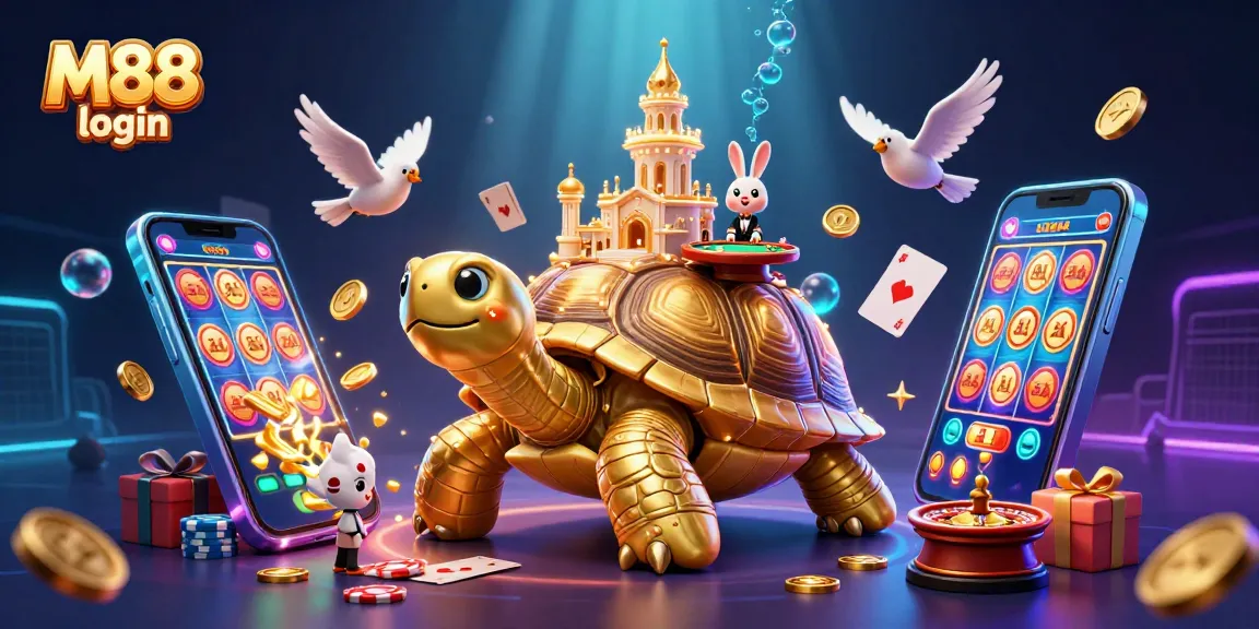 M88 login: Enjoy thrilling casino games with our golden tortoise and rabbit dealer in a vibrant scene.
