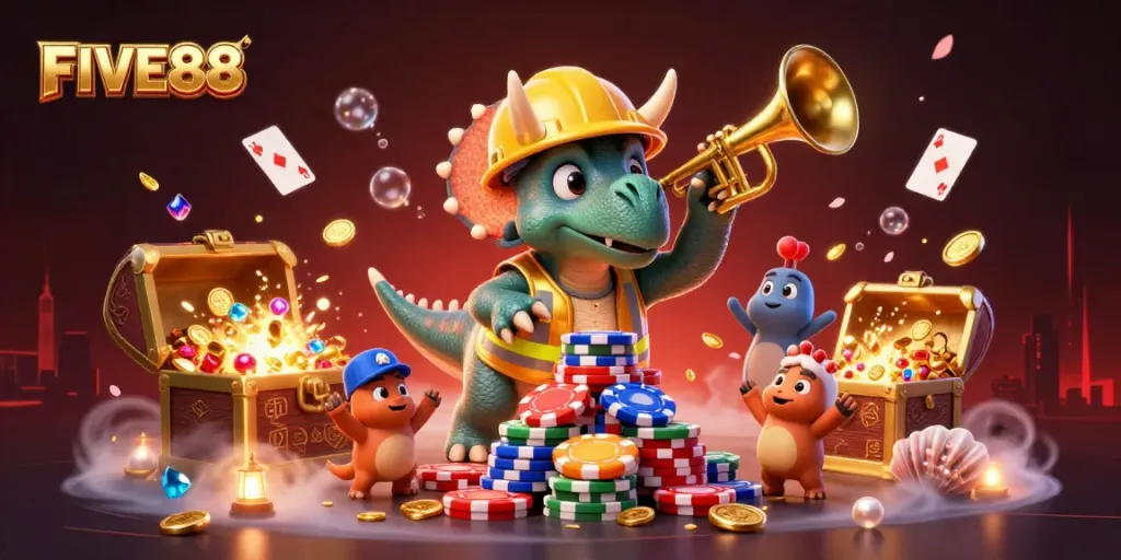 FIVE88 showcases a lively scene with a triceratops celebrating casino victories amidst poker chips and vibrant treasures.