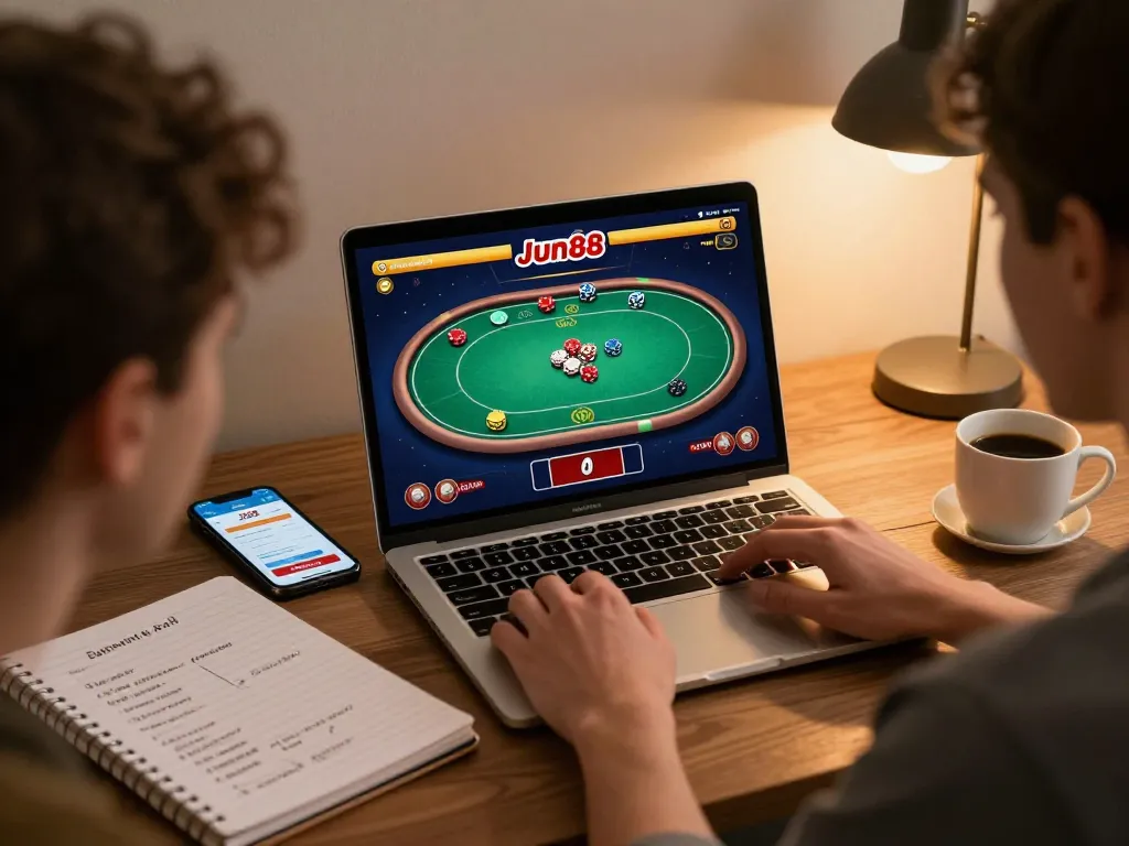 Online gambling experience with Jun88 site showcased on laptop screen, emphasizing strategic gameplay
