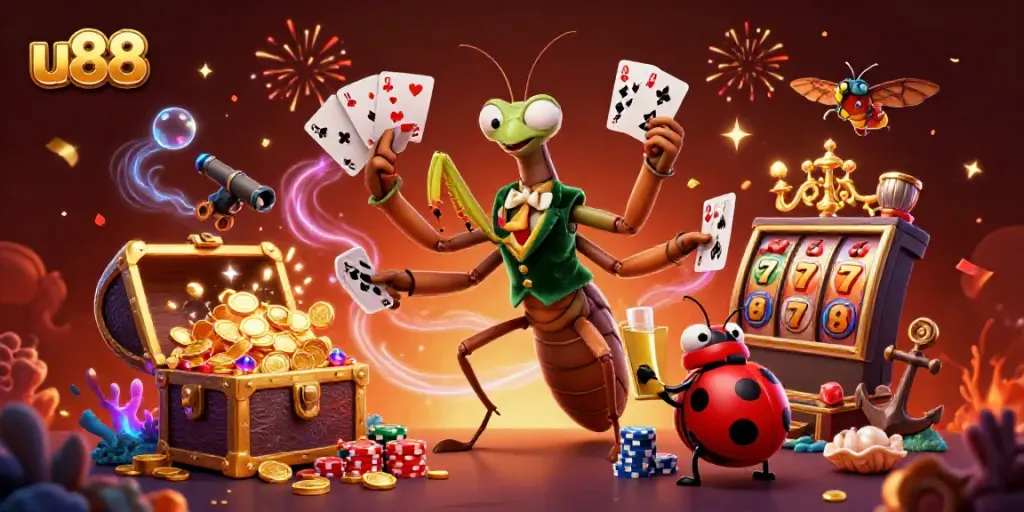 Experience the thrill of u88 with a vibrant 3D illustration showcasing a card sharp, pit boss, and enchanting elements of a casino.