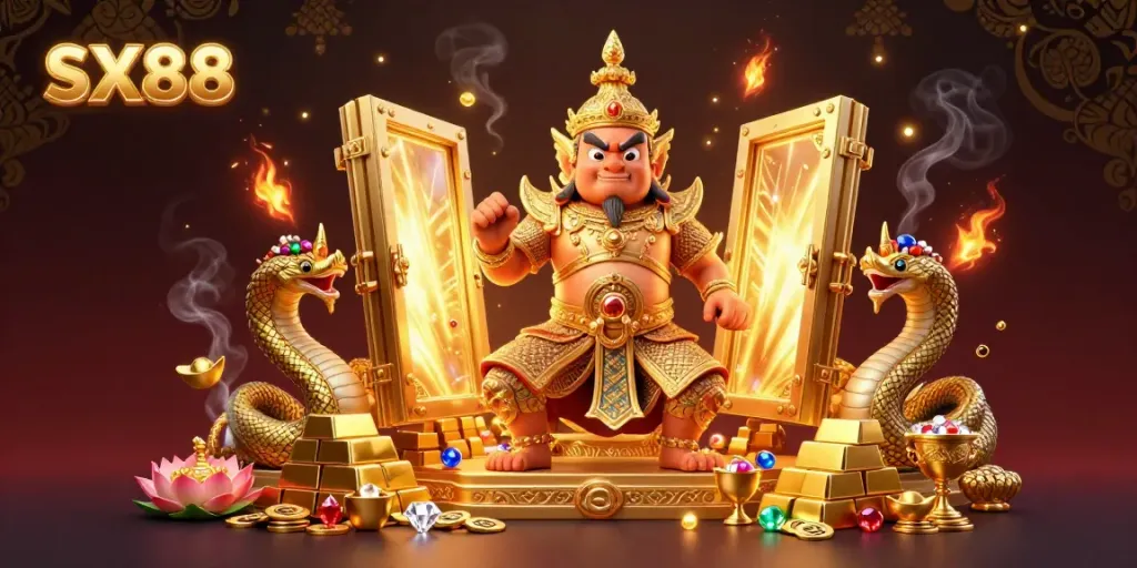SX88 features a friendly yaksha guardian with Naga companions surrounded by treasures and gems.