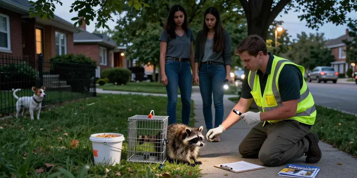 Raccoon Removal Toronto technician capturing a raccoon in a suburban area, emphasizing wildlife management.