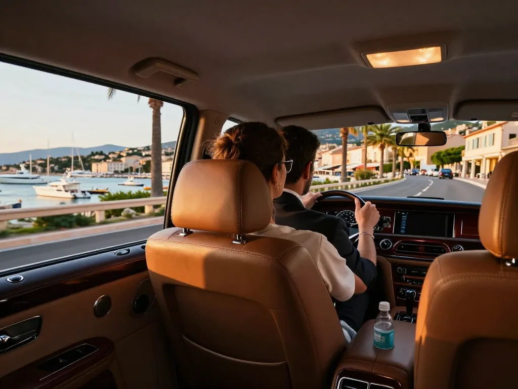 Trajet en taxi de luxe à Saint-Tropez avec vue côtière pittoresque et chauffeur professionnel