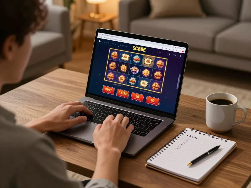 Engaging in online gambling with SC88E on a cozy home setup, showcasing a modern laptop display.