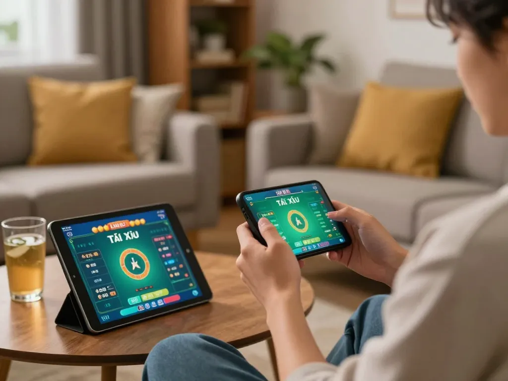 Tài xỉu online gameplay session on smartphone in cozy home setting