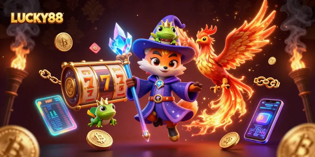 Experience exciting wins with LUCKY88 slots in a vibrant 3D casino illustration filled with treasures.