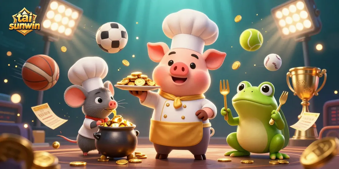 Enjoy gambling excitement with tai sunwin, as a chef pig serves gold coins amidst dynamic sports betting elements.