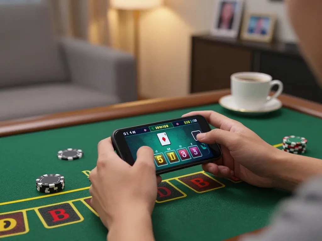Player engaging in online blackjack at ee88go, showcasing a home gaming atmosphere.
