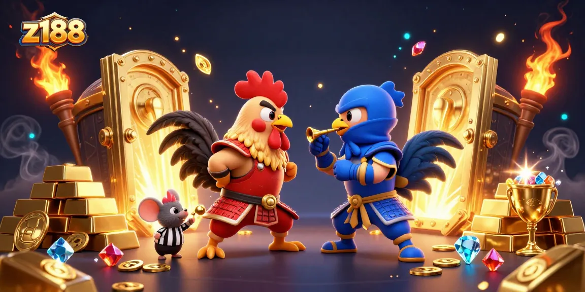 Engage in thrilling action with z188, featuring a dramatic standoff of vibrant roosters in a dynamic casino scene.