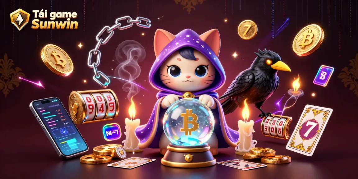 Tải game Sunwin app with exciting casino elements, including vibrant illustrations of a mystical cat and a tarot-card raven.