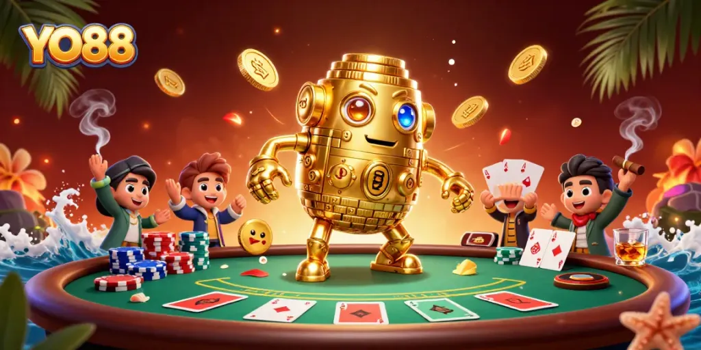 Experience thrilling gameplay with YO88 as golden golem reveals poker secrets in a vibrant 3D scene.