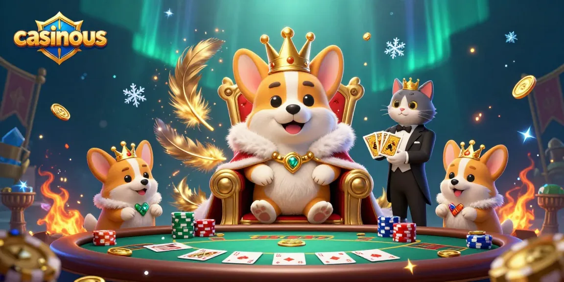 Casinous presents a royal corgi on poker chips, surrounded by a dazzling casino atmosphere.