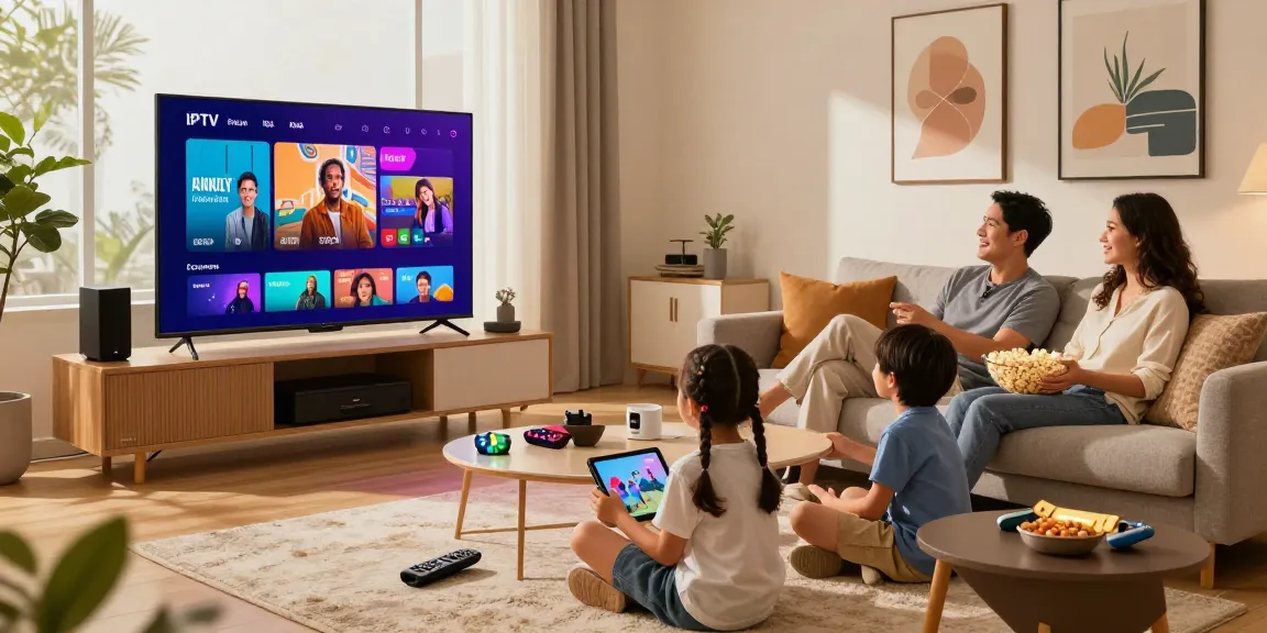 Family enjoying IPTV streaming together in a cozy living room with modern decor.