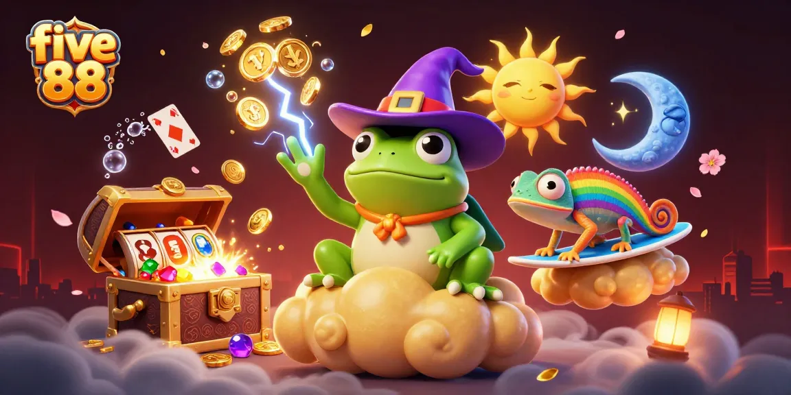Experience the exciting world of five 88 with a vibrant illustration of a wizard frog and chameleon amid golden coins and gaming elements.