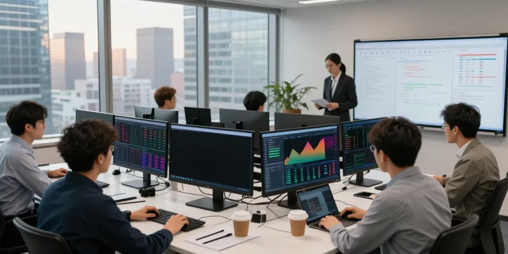 Traders in a professional workspace analyzing market data at slatecapivex.ca.