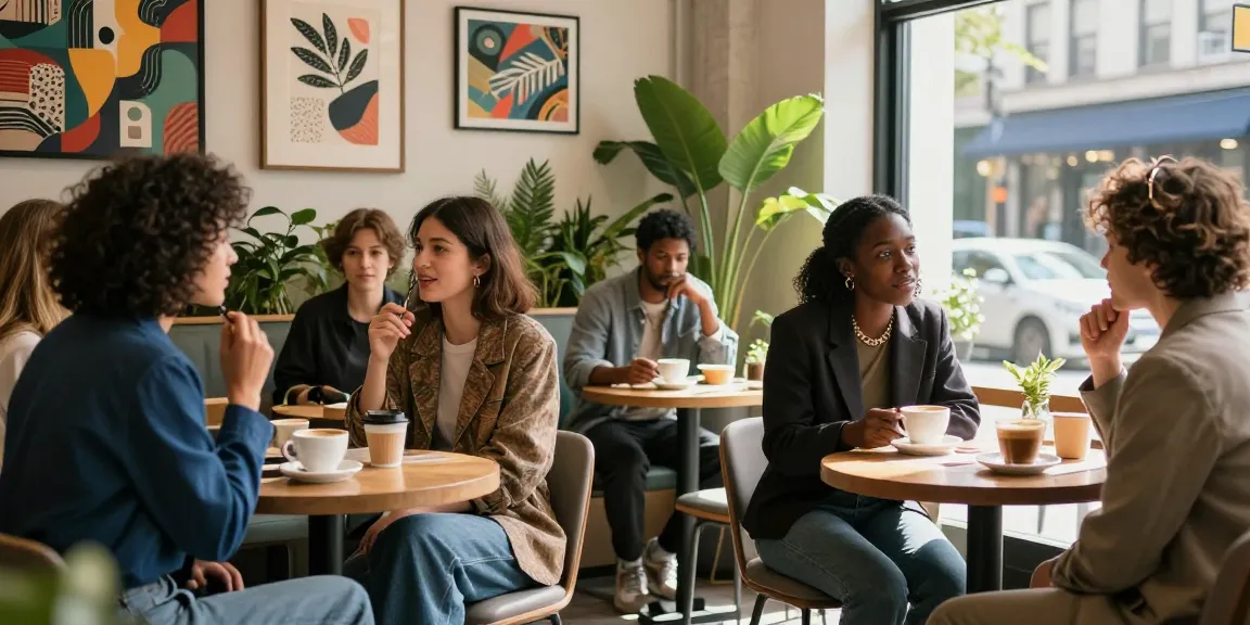 Group of stylish friends enjoying coffee and conversation in a trendy café, capturing urban lifestyle and fashion.