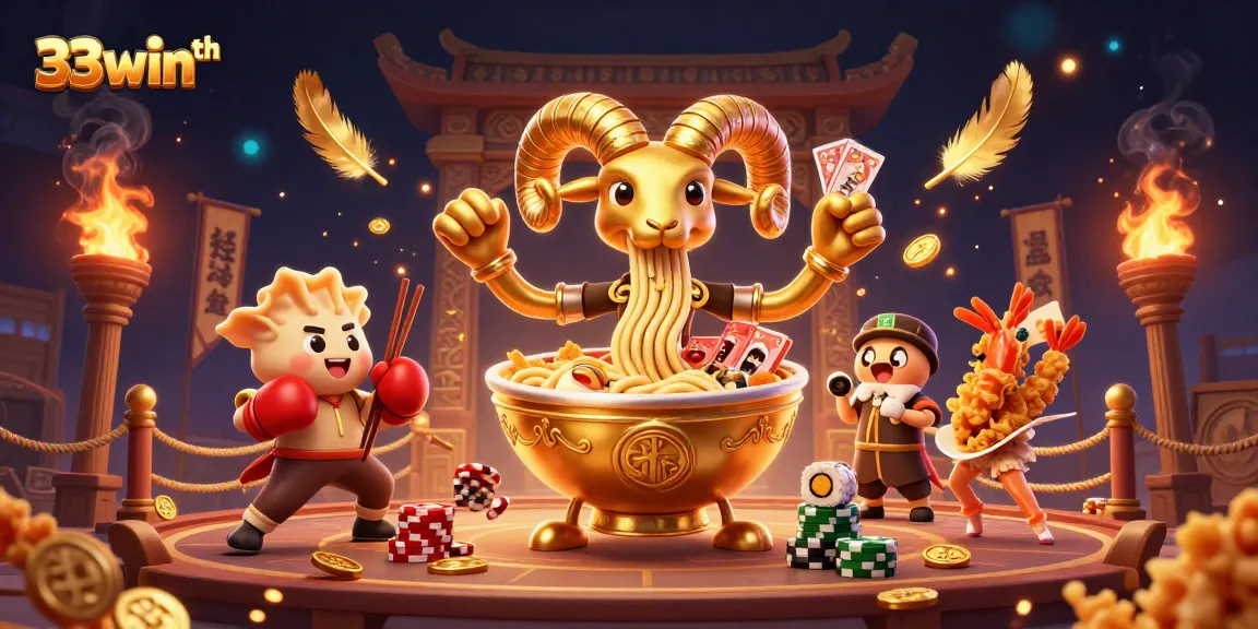 33winth features a lively illustration with a golden ramen bowl dealer in a dynamic casino setting.