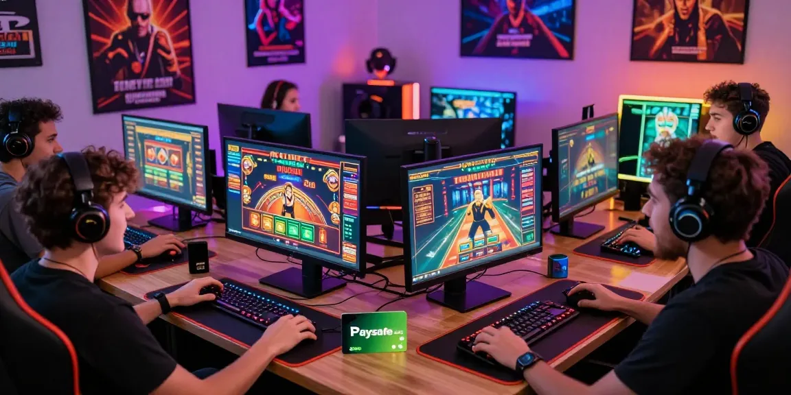 Spieler genießen ein Paysafe Card Casino-Spielerlebnis mit lebhaften Setups und digitaler Aufregung.