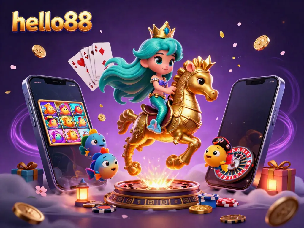 Engage in thrilling gameplay experiences at hello88, where the enchanting mermaid rides a golden seahorse amidst vibrant gaming elements.