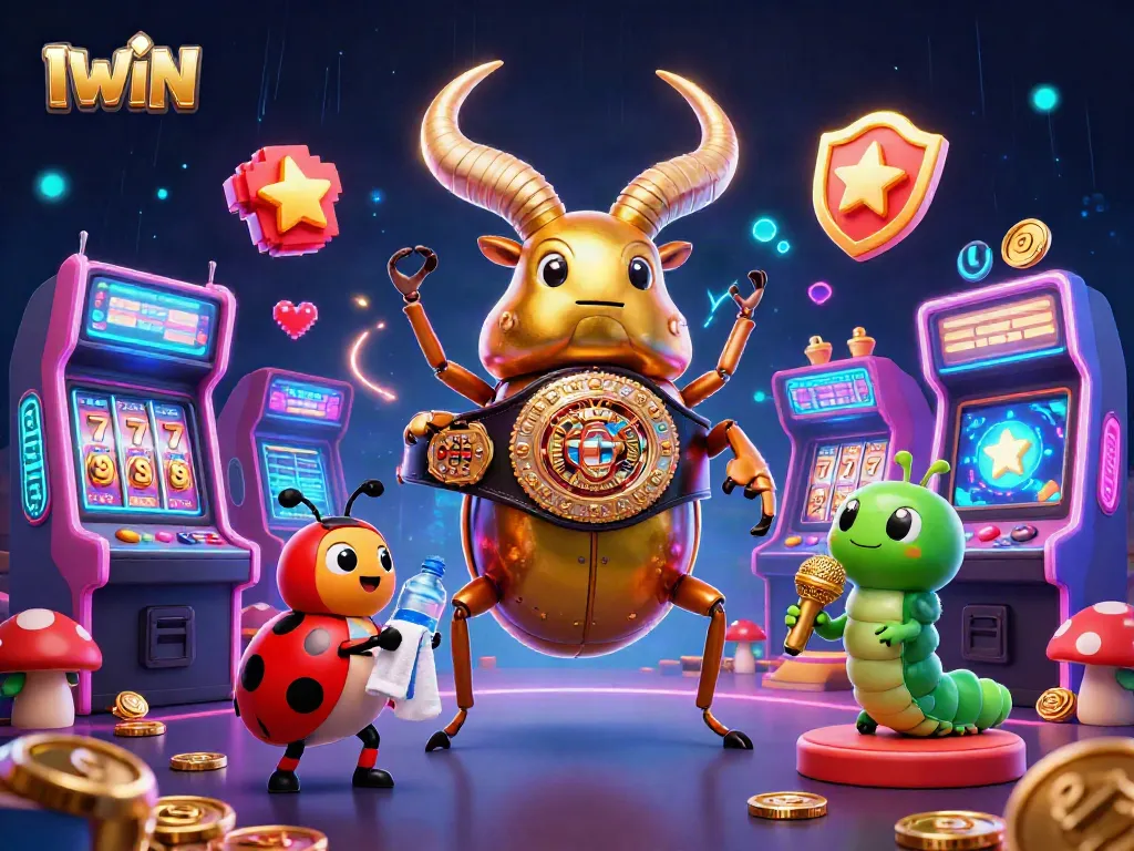 IWIN slots featuring a 3D cartoon golden stag beetle champion amid bright casino elements.