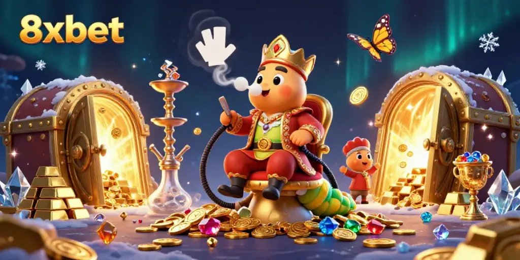 Experience 8xbet's vibrant casino magic with a cartoon caterpillar master and shimmering riches.