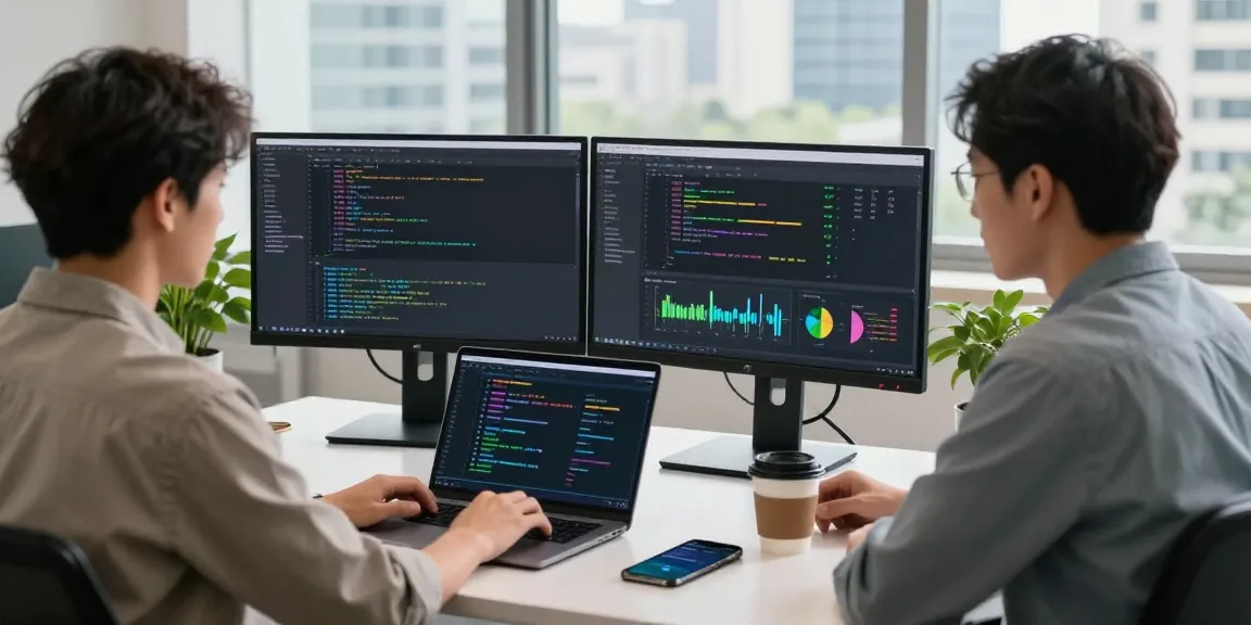 快连 software developer at a modern workspace, coding on dual monitors for enhanced network performance.