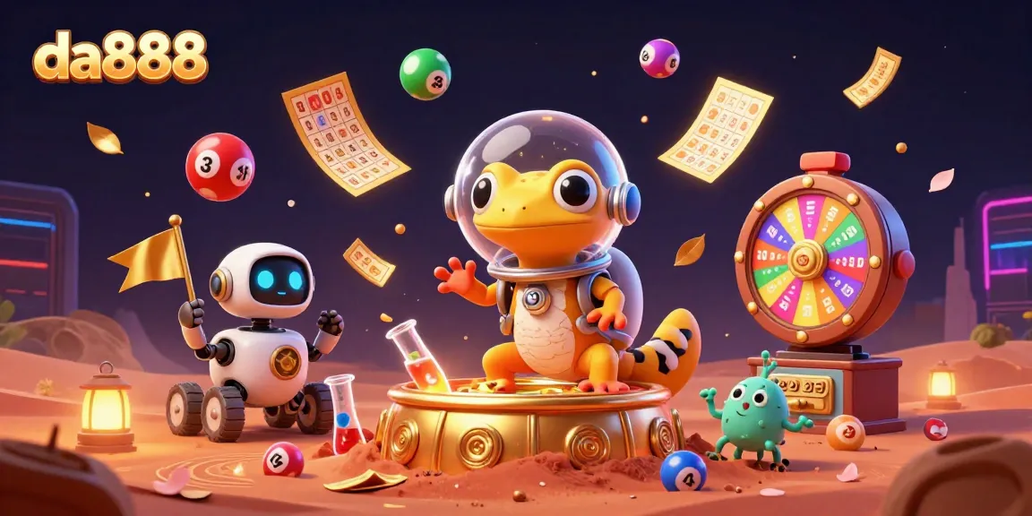 Experience the excitement of da888 with Martian characters discovering a hidden casino amidst vibrant gaming elements.