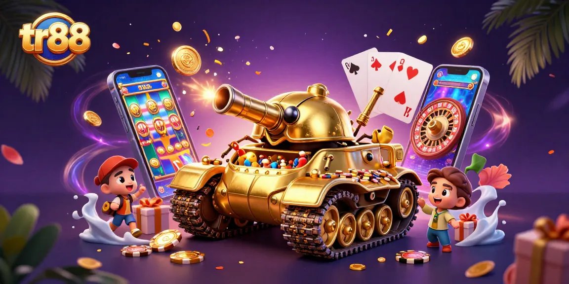 tr88 features a vibrant casino scene with a golden beetle tank, slot games, and confetti
