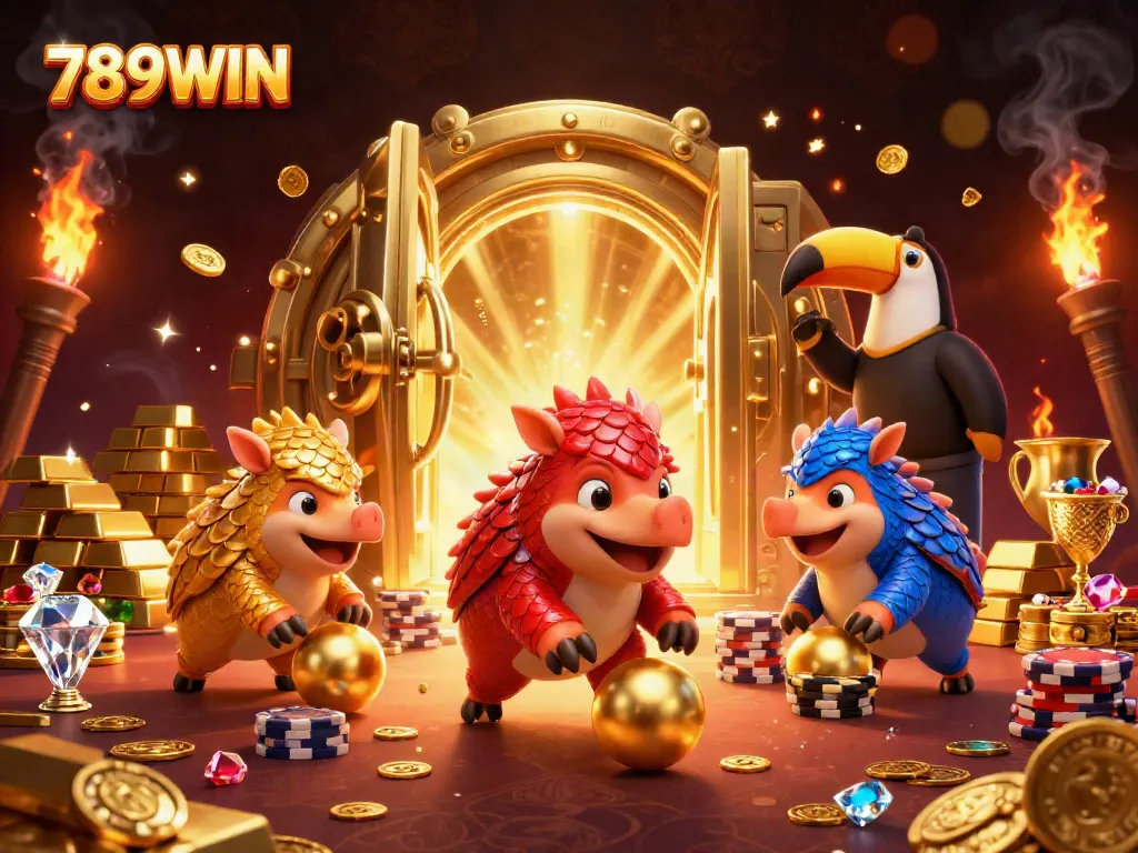 Experience dynamic fun with 789WIN's vibrant pangolin characters bowling through dazzling poker chips in a casino-themed scene.