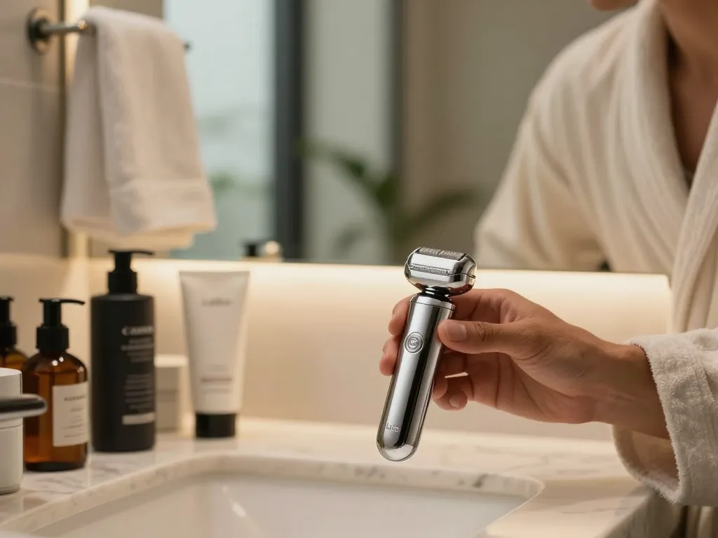 Man grooming with a Laifen shaver in a luxurious bathroom setting, emphasizing self-care.