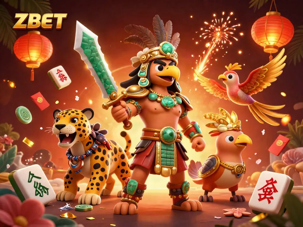 ZBET elevates the online gambling experience with vibrant 3D Aztec warriors surrounded by casino elements.