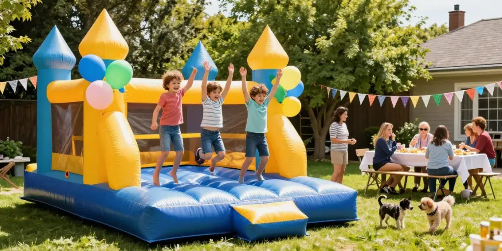 Children enjoying a bounce house at a sunny birthday party with festive decorations.
